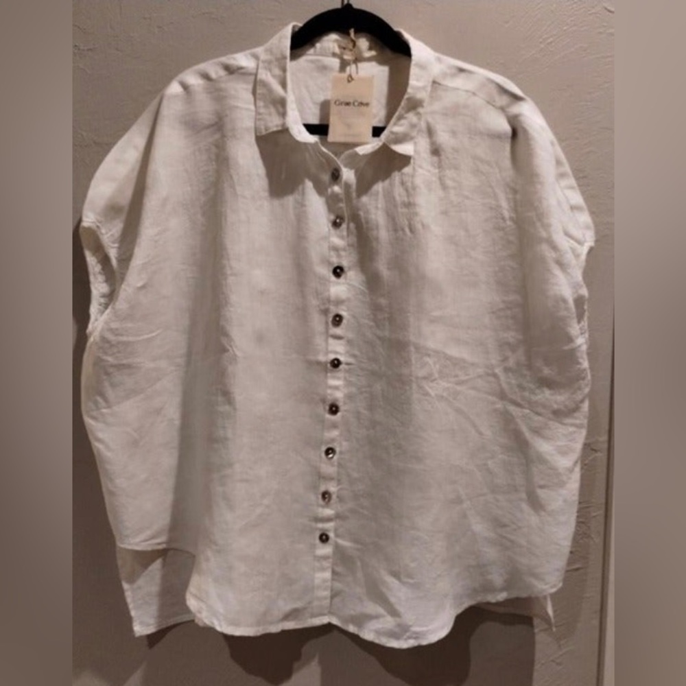 Grae Cove Linen Hi-Lo Sleeveless Button Front Top, Medium